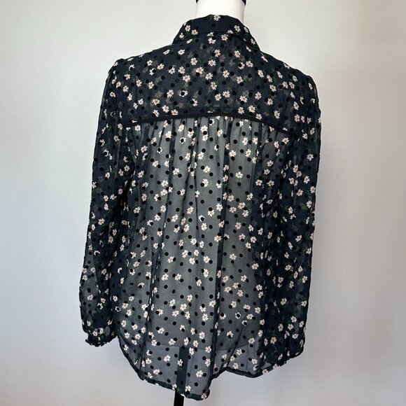 TOPSHOP navy sheer blouse with daisies and velvet polka dots size 8 - Picture 6 of 9